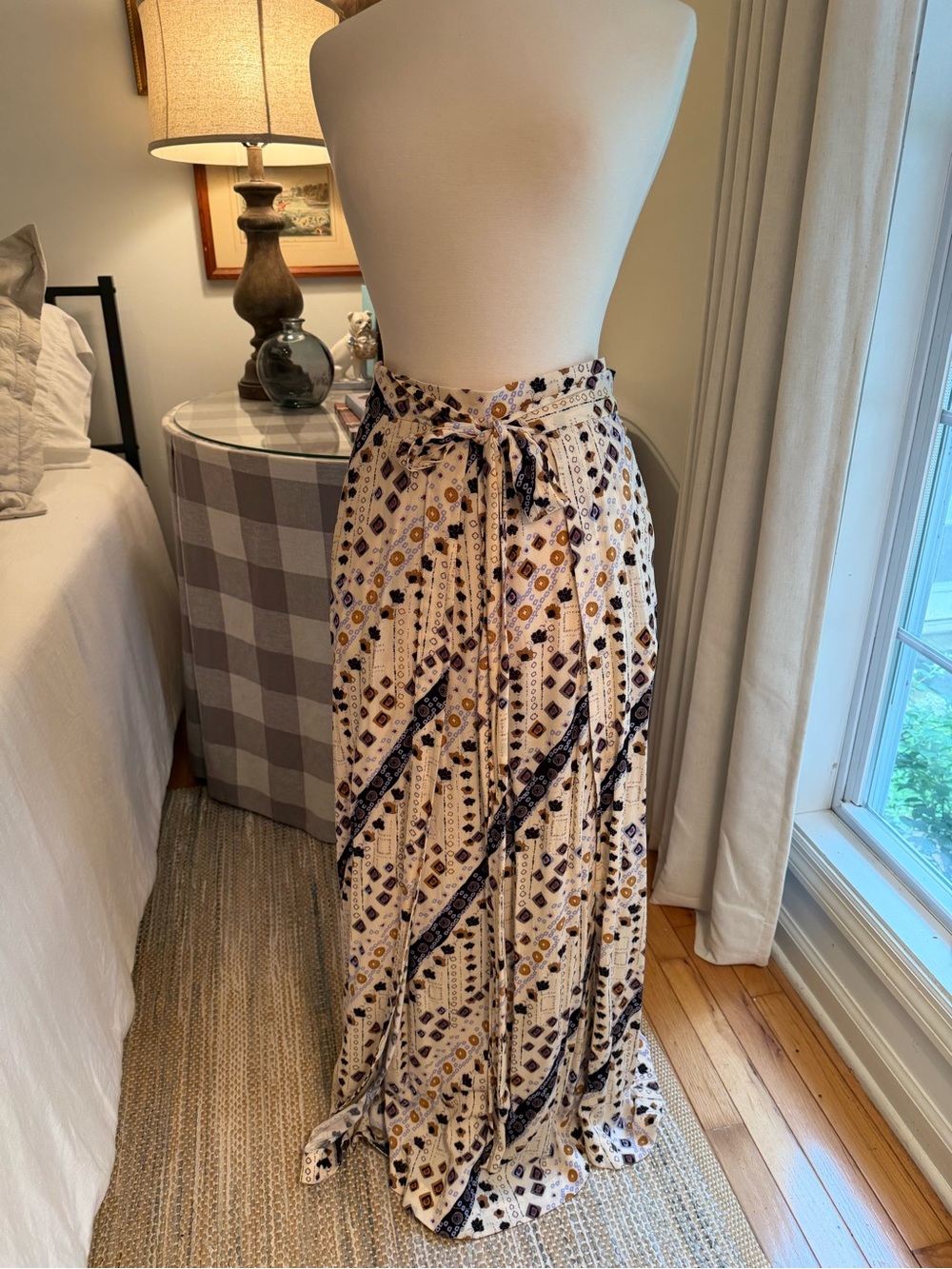 Free People Cream Maxi Skirt with Navy and Mustard Pattern